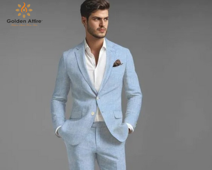 Sky Breeze Elegance  Premium Linen Two Piece Summer Suit, Customizable Fit with White Shirt & White Buttons