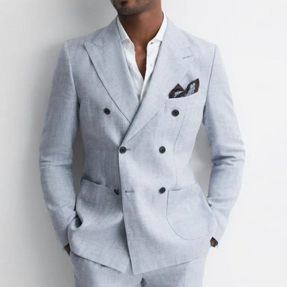 Sky Blue Linen Double-Breasted Summer Suit with White Shirt & Black Buttons | Customizable Tailoring for the Perfect Fit