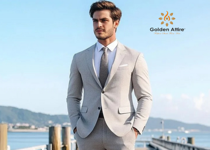 Customizable Light Grey Two Piece Suit, Premium Office Attire with White Shirt & Grey Tie, Modern Fit & Black Button Detailing