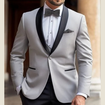 Elegant Light Grey Terry Rayon Tuxedo Suit | Customizable Shawl Lapel & Black Bow Tie Set for Sophisticated Events
