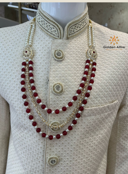 Regal Red Three-Layered Pearl Mala Necklace for Grooms | Stone-Embellished Sherwani Jewelry | Traditional Wedding Mala for Men