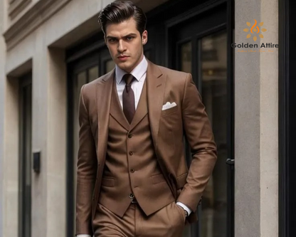 Golden Attire Men's Brown Three-Piece Comfortable Groom Suit | Customizable & Free Worldwide Shipping