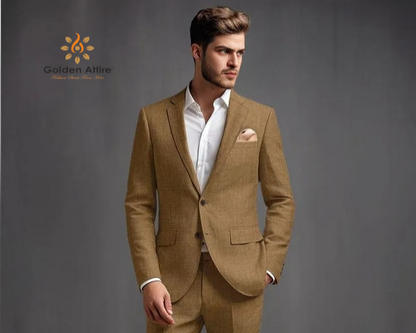 Golden Attire Men's Brown Linen Two-Piece Groom Suit, Comfortable & Customizable