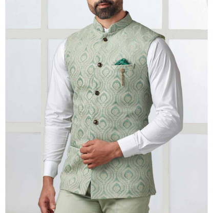 Golden Attire Sage Green Velvet Nehru Jacket | Customizable Elegance with All-Over Thread Embroidery