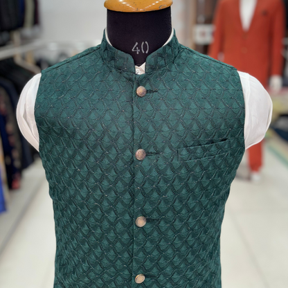 Golden Attire | Emerald Green Velvet Nehru Jacket | Luxurious Customizable Bundis with All-Over Embroidery