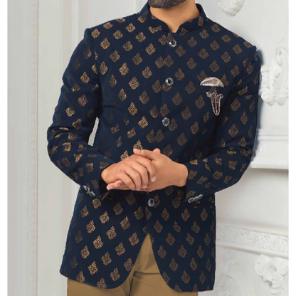 Navy Blue Jacquard Jodhpuri Suit | Bandhgala Suit | All Over Design Customizable Fit | Free Global Shipping | Golden Attire