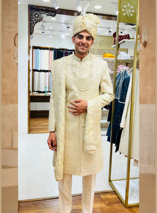 Beige Royal Embroidered Sherwani for Men | All Over Thread Work | Custom Sizing | Free Worldwide Shipping | Golden Attire