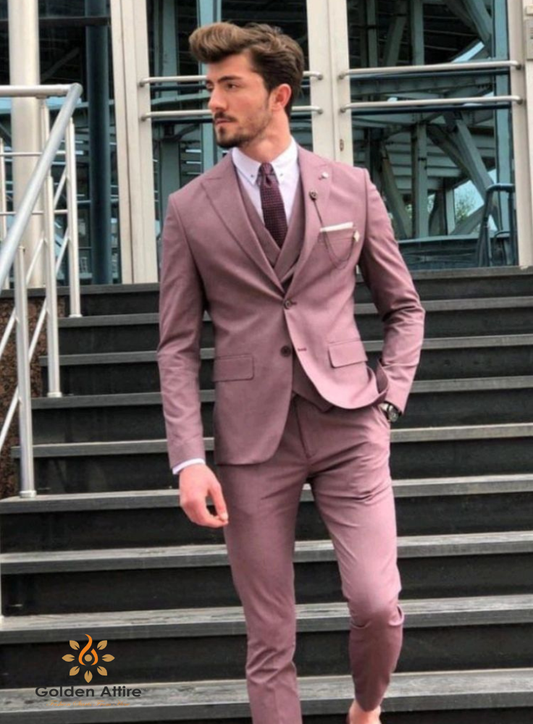 Dusty Rose Three-Piece Suit, Elegant & Breathable Groom Attire, Custom Indian Wedding Suit