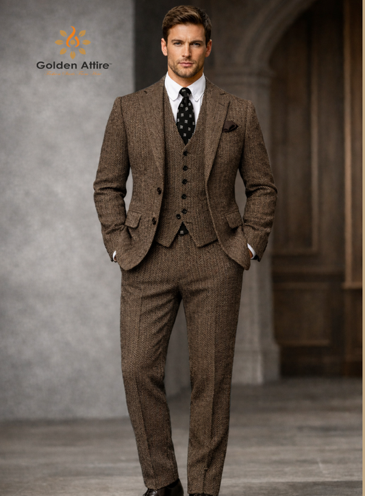 Brown Herringbone Tweed 3-Piece Suit, Premium Wool Winter Wedding Suit for Groom
