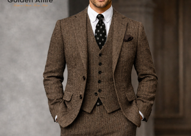 Brown Herringbone Tweed 3-Piece Suit, Premium Wool Winter Wedding Suit for Groom