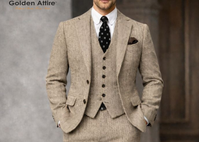 Beige Herringbone Tweed Wool Three-Piece Suit, Elegant Winter Groom Wedding Suit