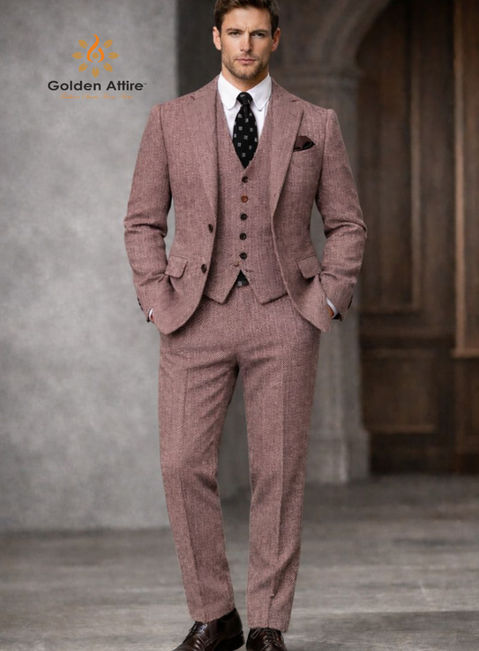 Dusty Rose Herringbone Tweed 3-Piece Suit, Premium Wool Wedding Suit for Groom