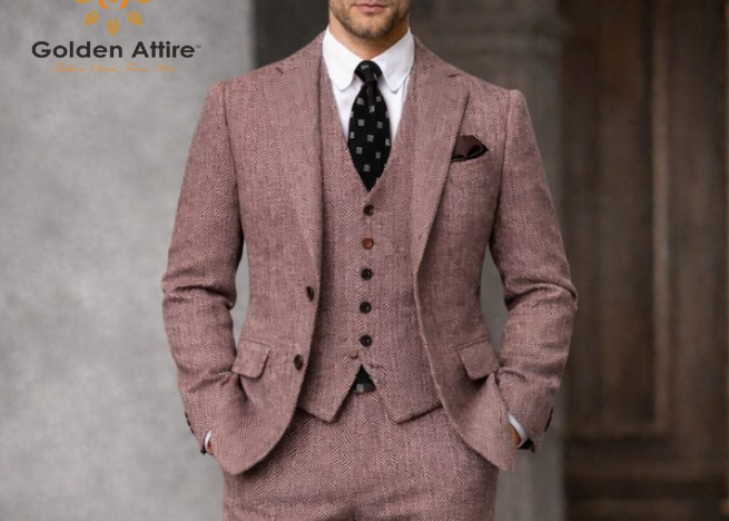 Dusty Rose Herringbone Tweed 3-Piece Suit, Premium Wool Wedding Suit for Groom