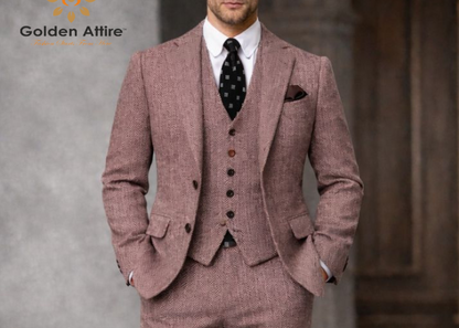 Dusty Rose Herringbone Tweed 3-Piece Suit, Premium Wool Wedding Suit for Groom