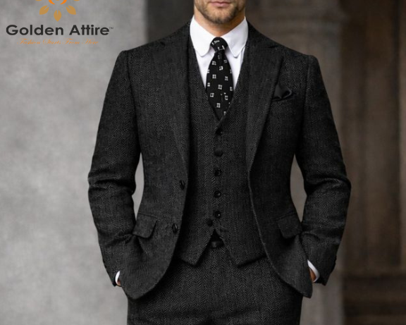 Premium Black Herringbone Tweed Wool 3-Piece Suit, Winter Wedding Groom Suit for Men