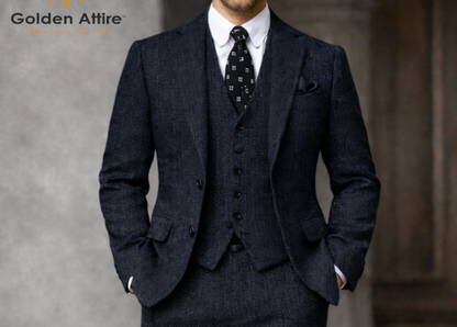 Navy Blue Herringbone Tweed 3-Piece Suit, Premium Winter Groom Wedding Suit