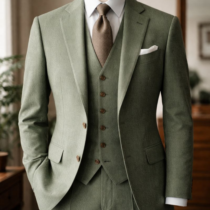 Sage Green Premium Tweed Wool Three-Piece Suit, Winter Wedding Groom Suit