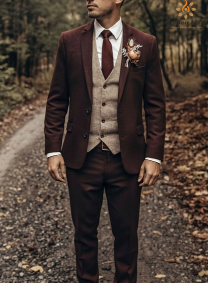 Premium Burgundy Tweed Wool Groom Suit, Elegant 3-Piece Wedding Suit
