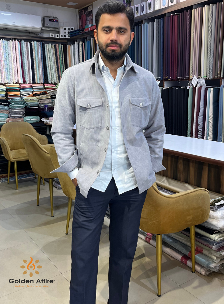 Men's Light Grey Corduroy Jacket, Winter Overshirt for Men