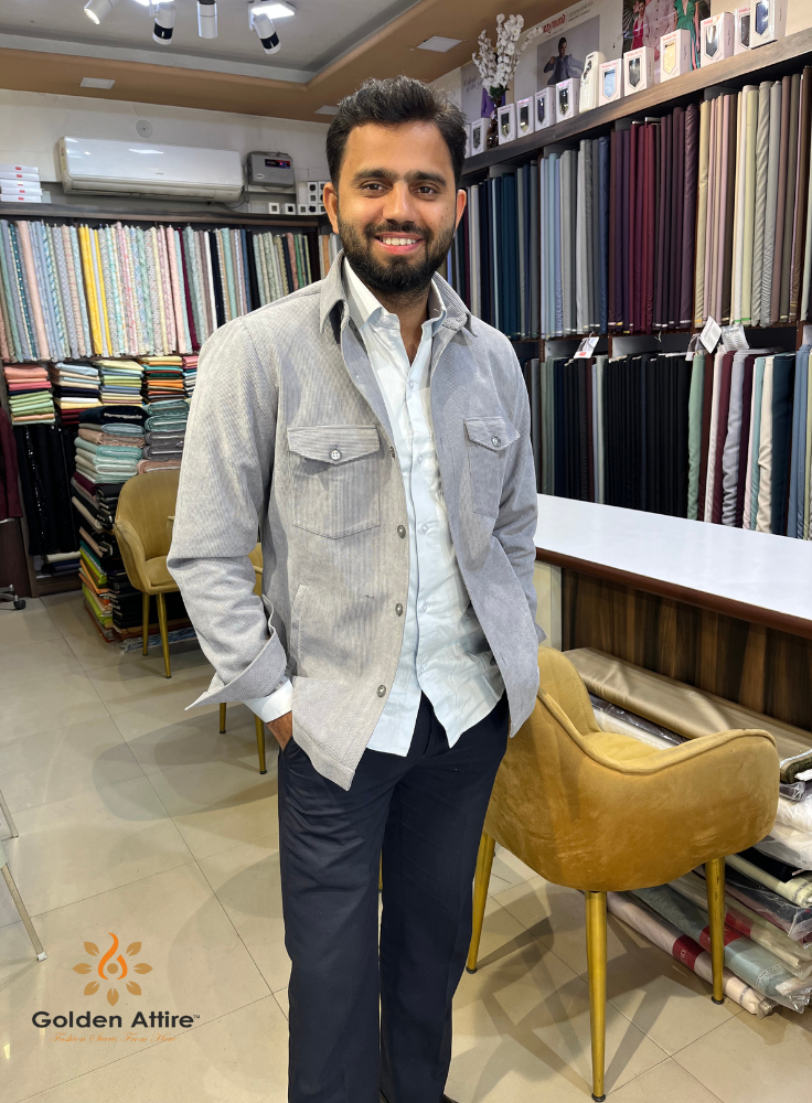 Men's Light Grey Corduroy Jacket, Winter Overshirt for Men