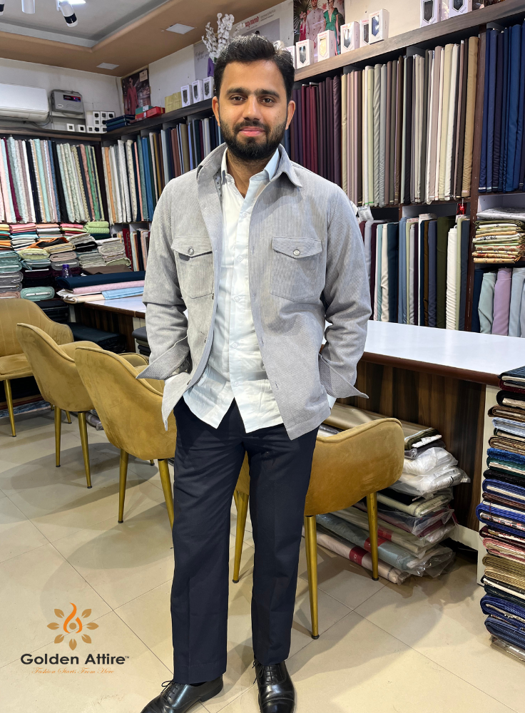 Men's Light Grey Corduroy Jacket, Winter Overshirt for Men