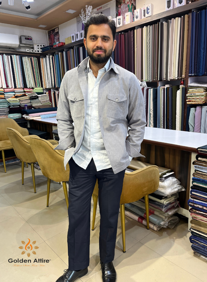 Men's Light Grey Corduroy Jacket, Winter Overshirt for Men