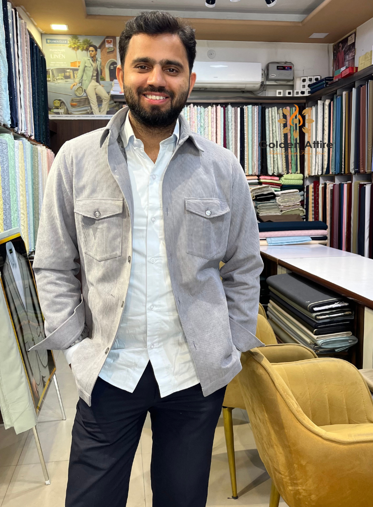 Men's Light Grey Corduroy Jacket, Winter Overshirt for Men