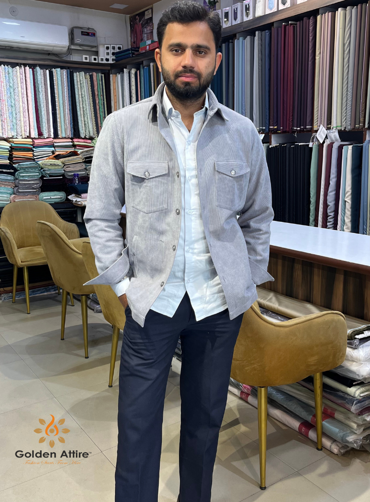 Men's Light Grey Corduroy Jacket, Winter Overshirt for Men