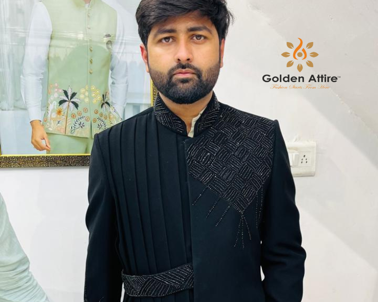 Elegant Black Indo Western Groom Outfit, Draped Sherwani with Asymmetric Jacket