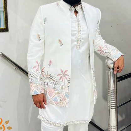 Customizable Off-White Groom Sherwani, Elegant Ivory Indo-Western Outfit