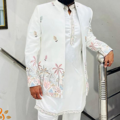 Customizable Off-White Groom Sherwani, Elegant Ivory Indo-Western Outfit