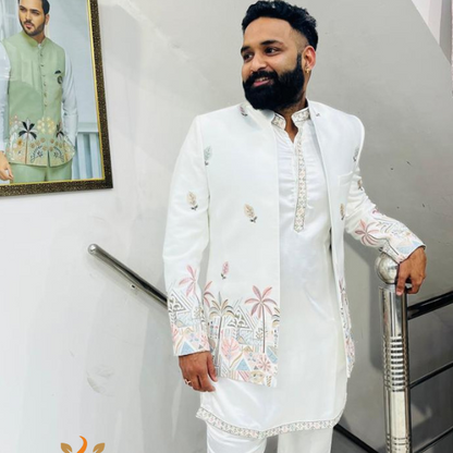 Customizable Off-White Groom Sherwani, Elegant Ivory Indo-Western Outfit