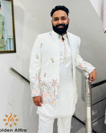 Customizable Off-White Groom Sherwani, Elegant Ivory Indo-Western Outfit