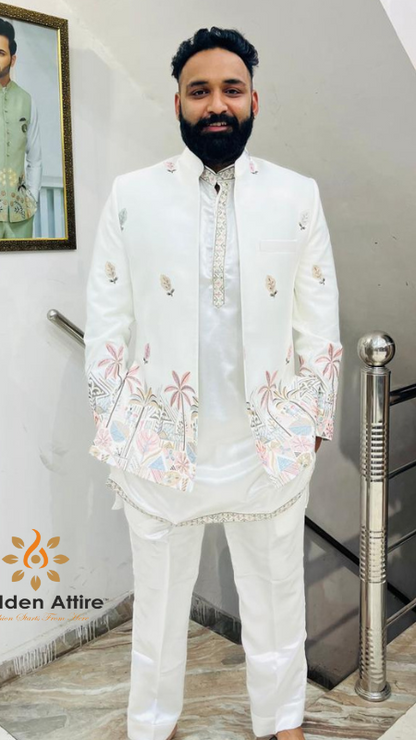 Customizable Off-White Groom Sherwani, Elegant Ivory Indo-Western Outfit