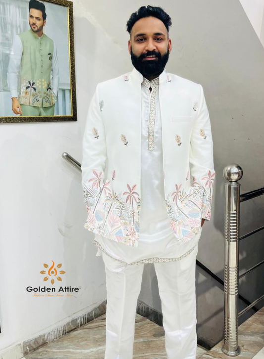 Customizable Off-White Groom Sherwani, Elegant Ivory Indo-Western Outfit