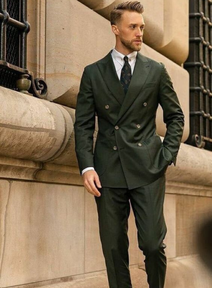 Forest Green Double Breasted Suit for Men, Custom Tailored Wedding Groom Outfit