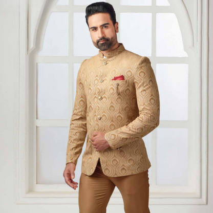 Champagne Velvet Bandhgala Suit, Traditional Jodhpuri Wedding Groom Outfit
