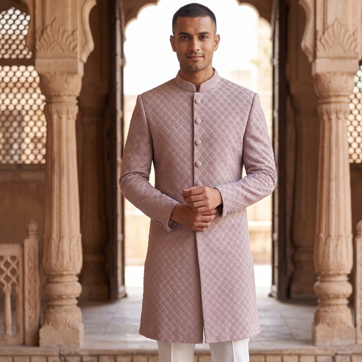 Dusty Rose Indo Western Sherwani for Groom, Elegant Achkan Set for Wedding Reception Engagement
