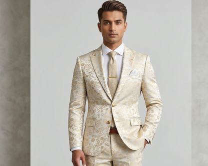 Men's Ivory Gold Floral Brocade Two Piece Wedding Suit