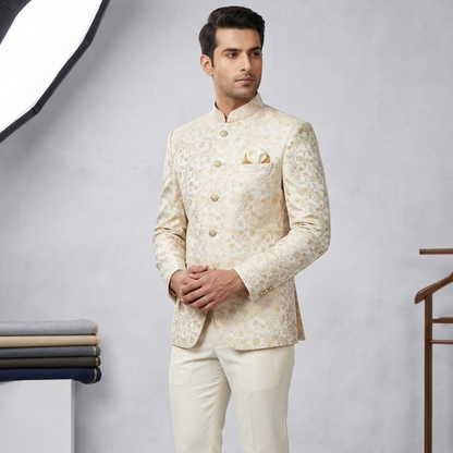 Men's Ivory Bandhgala Jodhpuri Suit, Indian Wedding Groom Outfit with Cream Trousers