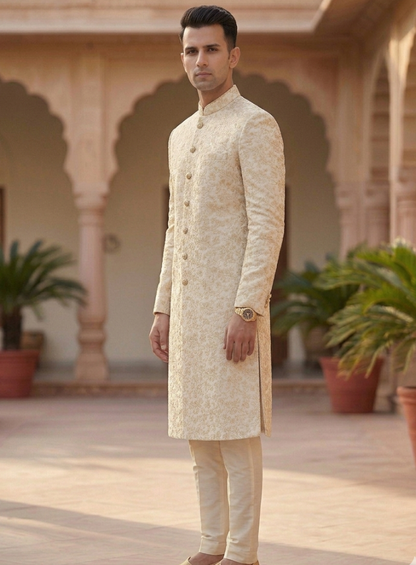 Ivory Gold Floral Brocade Sherwani, Elegant Indo-Western Groom Outfit