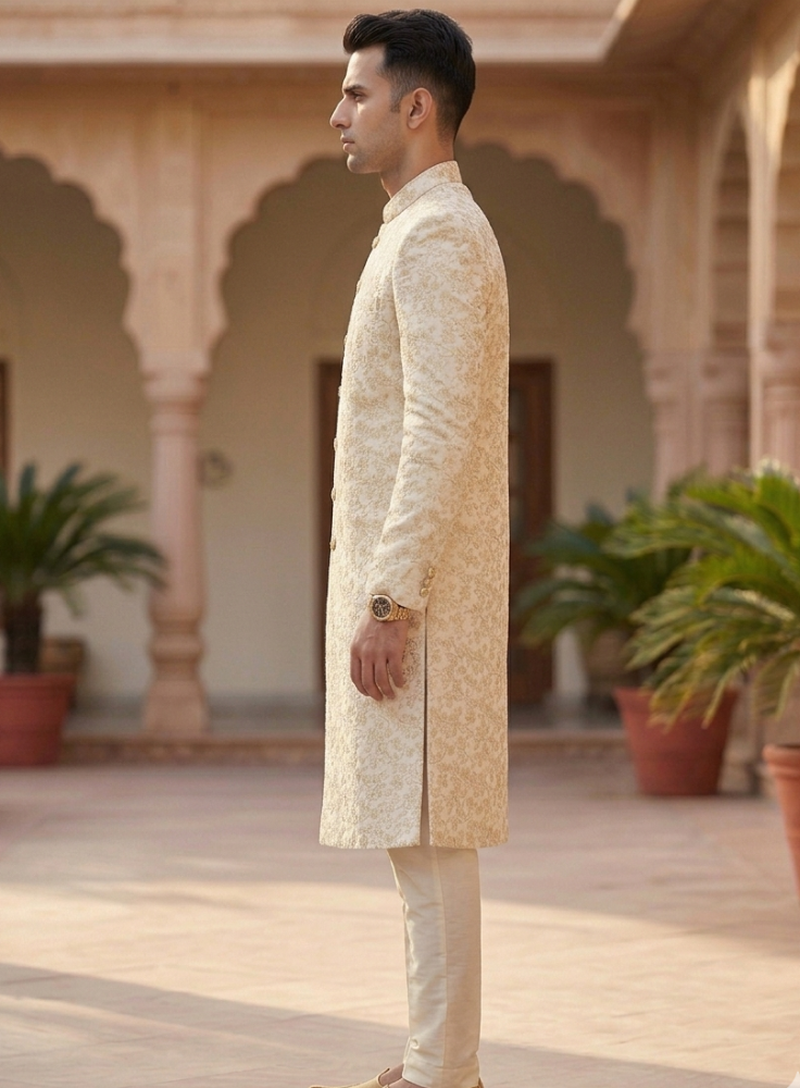 Ivory Gold Floral Brocade Sherwani, Elegant Indo-Western Groom Outfit