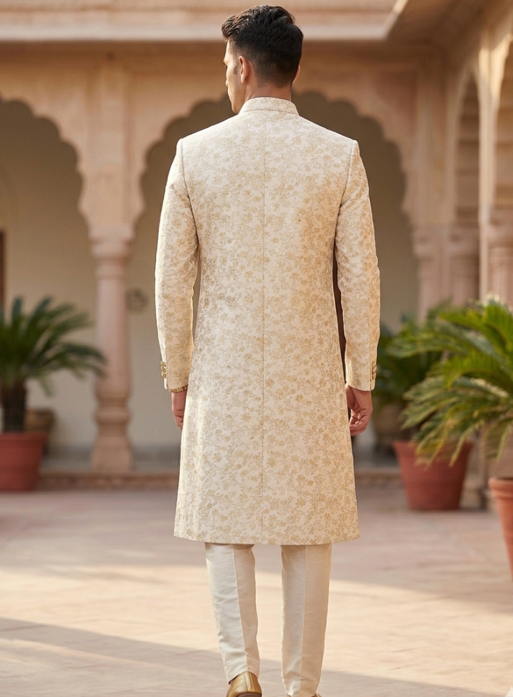 Ivory Gold Floral Brocade Sherwani, Elegant Indo-Western Groom Outfit