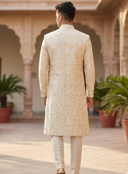 Ivory Gold Floral Brocade Sherwani, Elegant Indo-Western Groom Outfit