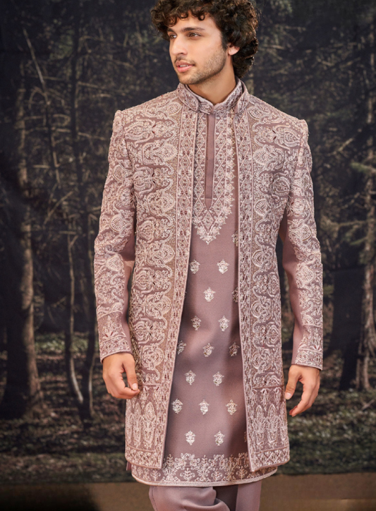 Dusty Rose Sherwani, Indo Western Shrug Jacket Groom Outfit