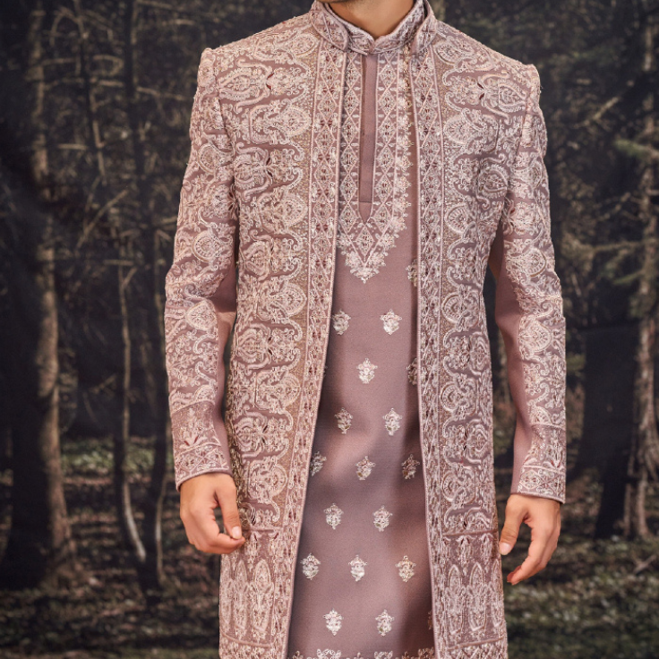 Dusty Rose Sherwani, Indo Western Shrug Jacket Groom Outfit