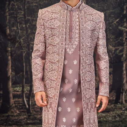 Dusty Rose Sherwani, Indo Western Shrug Jacket Groom Outfit