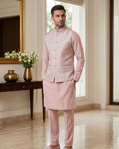 Blush Pink Floral Brocade Kurta Pajama Set with Jacket, Groom Wedding Nehru Bandi
