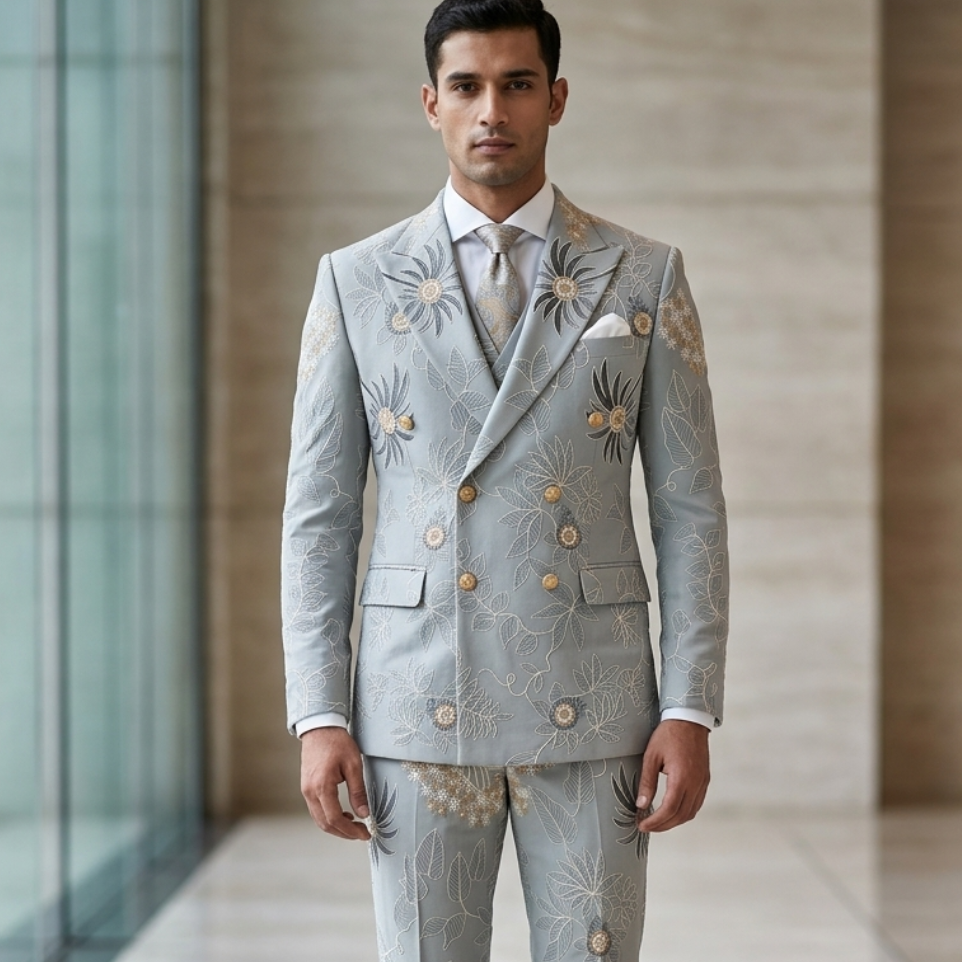 Ice Blue Double Breasted Luxury Wedding Suit for Men