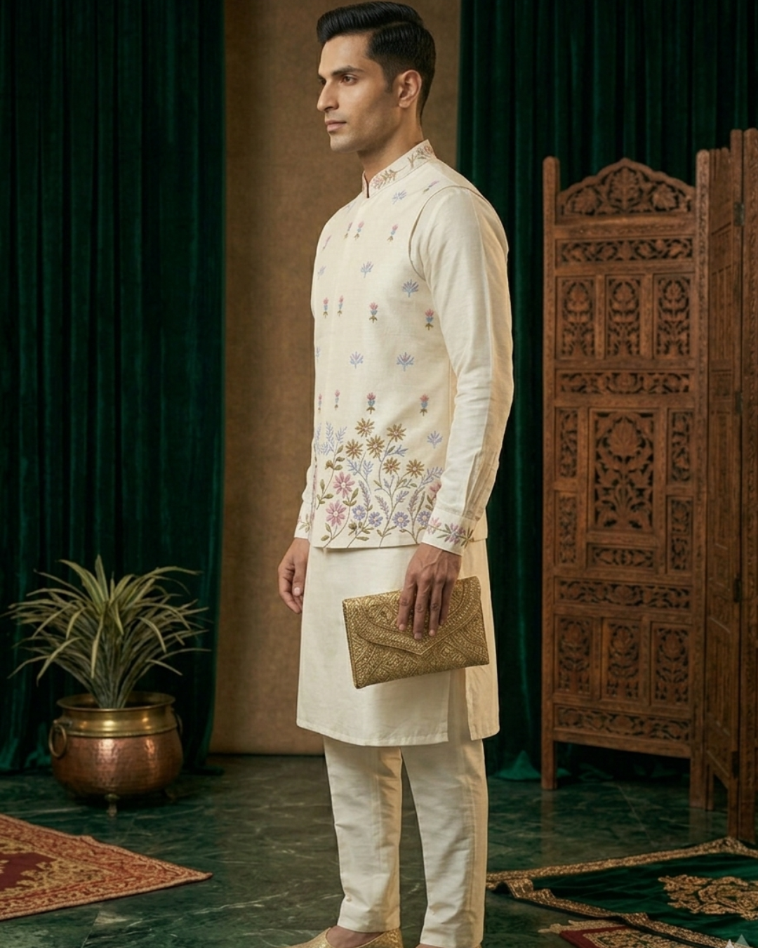 Ivory Wedding Groom Kurta Jacket Set, Bandhgala Nehru Jacket